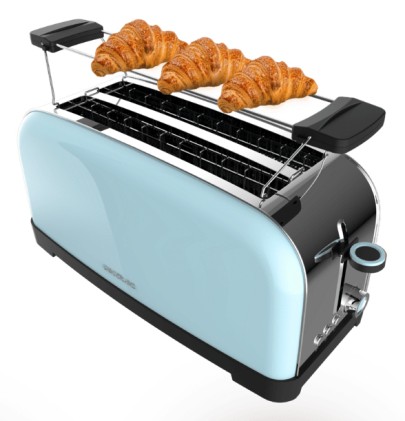 Cecotec Toastin' Time 1500 Tostadora de Doble Ranura Larga - 1500W - Capacidad para 4 Rebanadas - Ranura Ancha - Bandeja Recogemigas - 7 Niveles - Acabado en Acero Inoxidable - Color Azul Claro