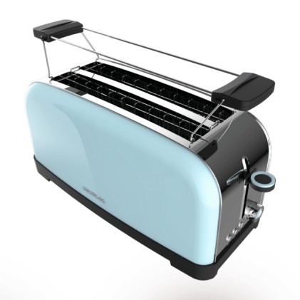 Cecotec Toastin' Time 1500 Tostadora de Doble Ranura Larga - 1500W - Capacidad para 4 Rebanadas - Ranura Ancha - Bandeja Recogemigas - 7 Niveles - Acabado en Acero Inoxidable - Color Azul Claro