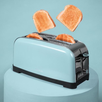 Cecotec Toastin' Time 1500 Tostadora de Doble Ranura Larga - 1500W - Capacidad para 4 Rebanadas - Ranura Ancha - Bandeja Recogemigas - 7 Niveles - Acabado en Acero Inoxidable - Color Azul Claro