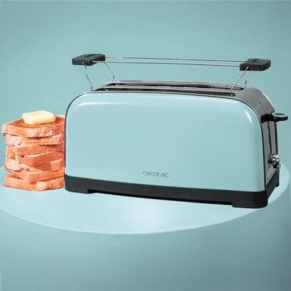 Cecotec Toastin' Time 1500 Tostadora de Doble Ranura Larga - 1500W - Capacidad para 4 Rebanadas - Ranura Ancha - Bandeja Recogemigas - 7 Niveles - Acabado en Acero Inoxidable - Color Azul Claro