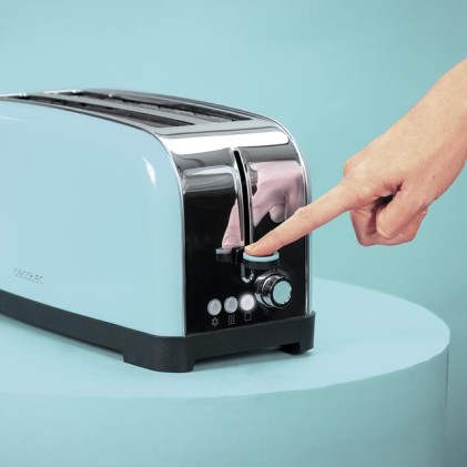 Cecotec Toastin' Time 1500 Tostadora de Doble Ranura Larga - 1500W - Capacidad para 4 Rebanadas - Ranura Ancha - Bandeja Recogemigas - 7 Niveles - Acabado en Acero Inoxidable - Color Azul Claro