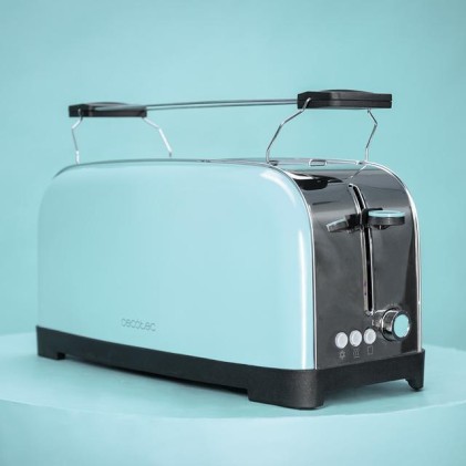 Cecotec Toastin' Time 1500 Tostadora de Doble Ranura Larga - 1500W - Capacidad para 4 Rebanadas - Ranura Ancha - Bandeja Recogemigas - 7 Niveles - Acabado en Acero Inoxidable - Color Azul Claro