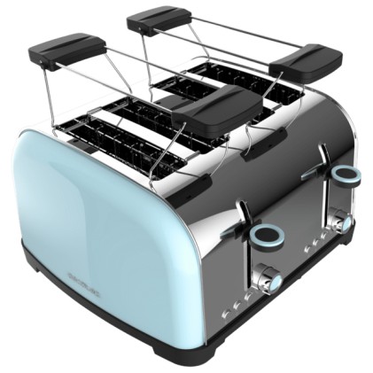 Cecotec Toastin' Time 1700 Double Tostadora de 4 Ranuras - 1700W - Ranura Ancha - Acero Inoxidable - Calienta Panecillos - Funciones Recalentar y Descongelar - 7 Niveles de Tostado - Color Azul Claro