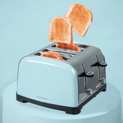 Cecotec Toastin' Time 1700 Double Tostadora de 4 Ranuras - 1700W - Ranura Ancha - Acero Inoxidable - Calienta Panecillos - Funciones Recalentar y Descongelar - 7 Niveles de Tostado - Color Azul Claro