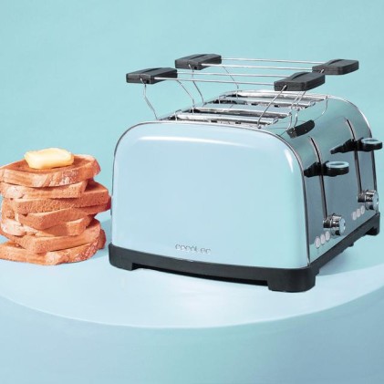 Cecotec Toastin' Time 1700 Double Tostadora de 4 Ranuras - 1700W - Ranura Ancha - Acero Inoxidable - Calienta Panecillos - Funciones Recalentar y Descongelar - 7 Niveles de Tostado - Color Azul Claro