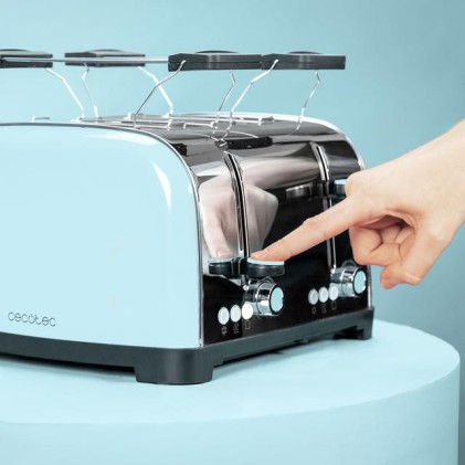 Cecotec Toastin' Time 1700 Double Tostadora de 4 Ranuras - 1700W - Ranura Ancha - Acero Inoxidable - Calienta Panecillos - Funciones Recalentar y Descongelar - 7 Niveles de Tostado - Color Azul Claro