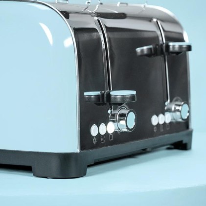 Cecotec Toastin' Time 1700 Double Tostadora de 4 Ranuras - 1700W - Ranura Ancha - Acero Inoxidable - Calienta Panecillos - Funciones Recalentar y Descongelar - 7 Niveles de Tostado - Color Azul Claro