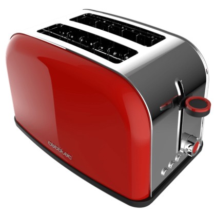 Cecotec Toastin' Time 850 Tostadora de Doble Ranura - Potencia de 850W - Ranura Ancha hasta 3.8cm - Acero Inoxidable - Apagado Automatico - Sistema de Autocentrado - 7 Niveles de Tostado - Color Rojo