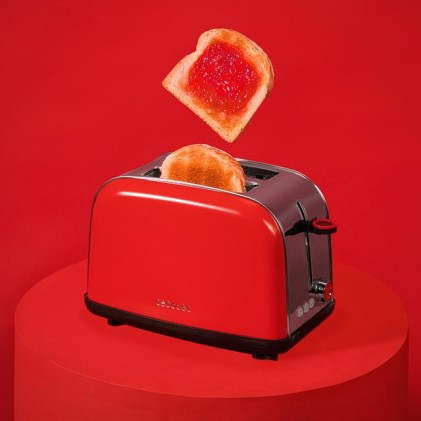 Cecotec Toastin' Time 850 Tostadora de Doble Ranura - Potencia de 850W - Ranura Ancha hasta 3.8cm - Acero Inoxidable - Apagado Automatico - Sistema de Autocentrado - 7 Niveles de Tostado - Color Rojo