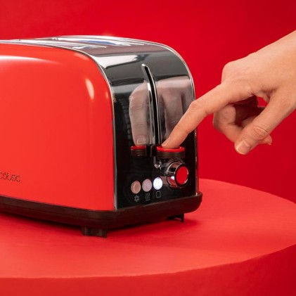 Cecotec Toastin' Time 850 Tostadora de Doble Ranura - Potencia de 850W - Ranura Ancha hasta 3.8cm - Acero Inoxidable - Apagado Automatico - Sistema de Autocentrado - 7 Niveles de Tostado - Color Rojo
