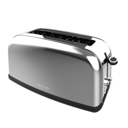 Cecotec Toastin' Time 850 Tostadora de Ranura Larga - 850W - Ranura Ancha hasta 3.8cm - 7 Niveles de Tostado - Sistema de Autocentrado - Bandeja Recogemigas Extraible - Acero Inoxidable