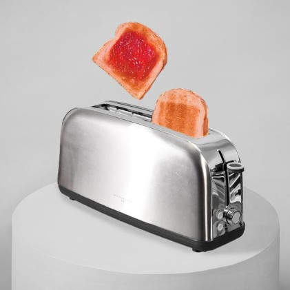 Cecotec Toastin' Time 850 Tostadora de Ranura Larga - 850W - Ranura Ancha hasta 3.8cm - 7 Niveles de Tostado - Sistema de Autocentrado - Bandeja Recogemigas Extraible - Acero Inoxidable