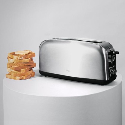 Cecotec Toastin' Time 850 Tostadora de Ranura Larga - 850W - Ranura Ancha hasta 3.8cm - 7 Niveles de Tostado - Sistema de Autocentrado - Bandeja Recogemigas Extraible - Acero Inoxidable