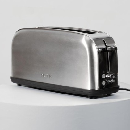 Cecotec Toastin' Time 850 Tostadora de Ranura Larga - 850W - Ranura Ancha hasta 3.8cm - 7 Niveles de Tostado - Sistema de Autocentrado - Bandeja Recogemigas Extraible - Acero Inoxidable
