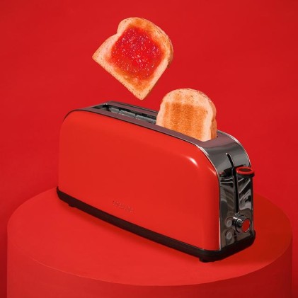 Cecotec Toastin' Time 850 Tostadora de Ranura Larga - 850W - Ranura Ancha - Acero Inoxidable - Apagado y Pop-Up Automatico - Autocentrado - 7 Niveles de Tostado - Color Rojo