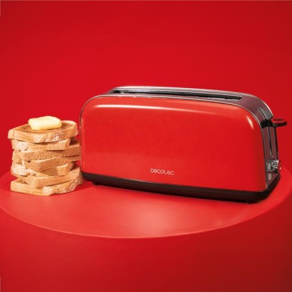 Cecotec Toastin' Time 850 Tostadora de Ranura Larga - 850W - Ranura Ancha - Acero Inoxidable - Apagado y Pop-Up Automatico - Autocentrado - 7 Niveles de Tostado - Color Rojo