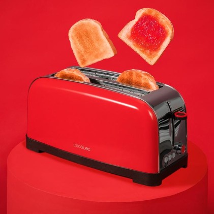 Cecotec Toastin' Time 1500 Tostadora de Doble Ranura Larga - 1500W - Ranura Ancha hasta 3.8cm - Acero Inoxidable - Apagado Automatico - Sistema de Autocentrado - 7 Niveles de Tostado - Color Rojo