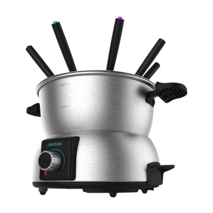 Set per fonduta elettrica Cecotec Fun Gourmet - Potenza 1000W - Acciaio inossidabile - Termostato regolabile - Coperchio anti-schizzo - Include 8 forchette - Lavabile in lavastoviglie