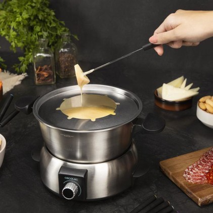 Set per fonduta elettrica Cecotec Fun Gourmet - Potenza 1000W - Acciaio inossidabile - Termostato regolabile - Coperchio anti-schizzo - Include 8 forchette - Lavabile in lavastoviglie