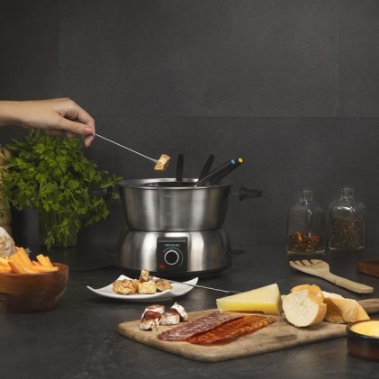 Set per fonduta elettrica Cecotec Fun Gourmet - Potenza 1000W - Acciaio inossidabile - Termostato regolabile - Coperchio anti-schizzo - Include 8 forchette - Lavabile in lavastoviglie