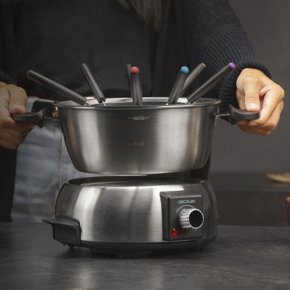 Set per fonduta elettrica Cecotec Fun Gourmet - Potenza 1000W - Acciaio inossidabile - Termostato regolabile - Coperchio anti-schizzo - Include 8 forchette - Lavabile in lavastoviglie
