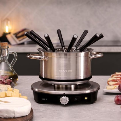 Cecotec Fun Gourmet Fondue Advance Fonduta elettrica - 1500W - Acciaio inossidabile - Termostato - Capacit&agrave; 1,7L - 8 forchette - Pentola antiaderente - Lavabile in lavastoviglie - Coperchio con protezione antispruzzo