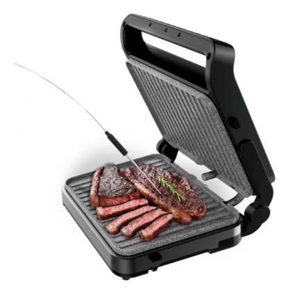 Cecotec Rock'nGrill 2000 PerfectCook Parrilla Electrica con Sonda de Temperatura Inteligente - 2000W - Placas Desmontables - Acabado en Acero Inoxidable - Bandeja Recogegrasas - 30x23cm - Color Negro