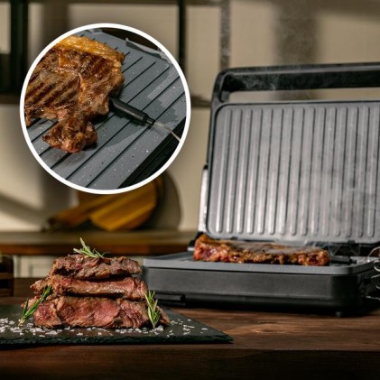 Cecotec Rock'nGrill 2000 PerfectCook Parrilla Electrica con Sonda de Temperatura Inteligente - 2000W - Placas Desmontables - Acabado en Acero Inoxidable - Bandeja Recogegrasas - 30x23cm - Color Negro
