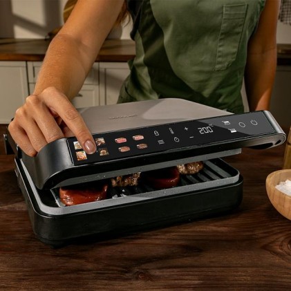 Cecotec Rock'nGrill 2000 PerfectCook Parrilla Electrica con Sonda de Temperatura Inteligente - 2000W - Placas Desmontables - Acabado en Acero Inoxidable - Bandeja Recogegrasas - 30x23cm - Color Negro