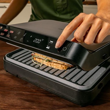 Cecotec Rock'nGrill 2000 PerfectCook Parrilla Electrica con Sonda de Temperatura Inteligente - 2000W - Placas Desmontables - Acabado en Acero Inoxidable - Bandeja Recogegrasas - 30x23cm - Color Negro