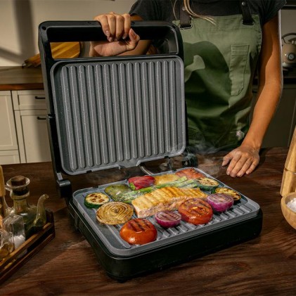 Cecotec Rock'nGrill 2000 PerfectCook Parrilla Electrica con Sonda de Temperatura Inteligente - 2000W - Placas Desmontables - Acabado en Acero Inoxidable - Bandeja Recogegrasas - 30x23cm - Color Negro