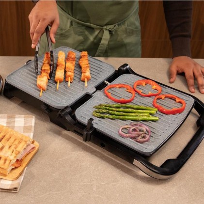 Cecotec Rock'nGrill 2000 Full Open Parrilla Electrica - 2000W - Antiadherente - Temperatura Regulable - Apertura 180Вє - Bandeja Recogegrasas - Superficie Cocinado 279x229mm - Color Gris
