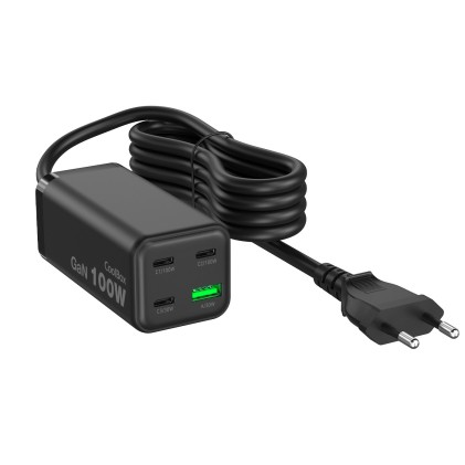 Caricabatterie CoolBox GAN 100W Chargemaster 4 PRO - 3xUSB-C - 1xUSB-A - Ricarica rapida 3.0 - Power Delivery - Cavo da 1,5 metri - Nero