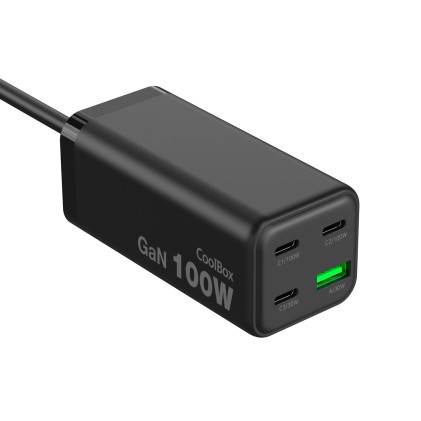 Caricabatterie CoolBox GAN 100W Chargemaster 4 PRO - 3xUSB-C - 1xUSB-A - Ricarica rapida 3.0 - Power Delivery - Cavo da 1,5 metri - Nero