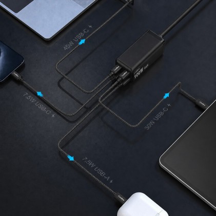 Caricabatterie CoolBox GAN 100W Chargemaster 4 PRO - 3xUSB-C - 1xUSB-A - Ricarica rapida 3.0 - Power Delivery - Cavo da 1,5 metri - Nero