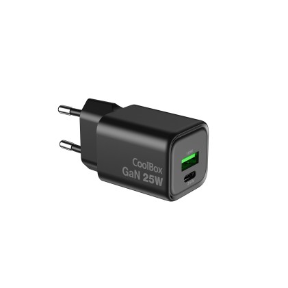 Caricabatterie CoolBox GAN da 25 W - 1 porta USB-C - 1 porta USB-A - Ricarica rapida 3.0 - Power Delivery - Colore nero
