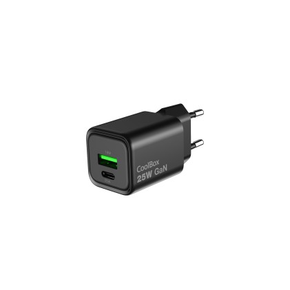 Caricabatterie CoolBox GAN da 25 W - 1 porta USB-C - 1 porta USB-A - Ricarica rapida 3.0 - Power Delivery - Colore nero