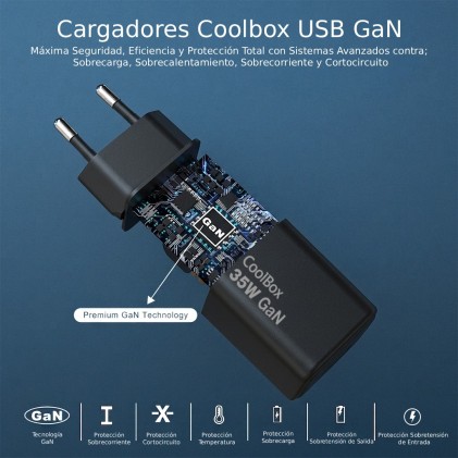 Caricabatterie CoolBox GAN da 35 W - 1 porta USB-C - 1 porta USB-A - Ricarica rapida 3.0 - Power Delivery - Colore nero