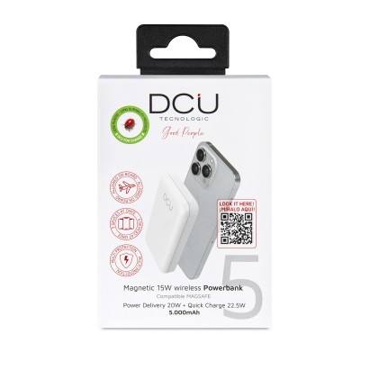 DCU Tecnologic Power Bank Magsafe PD20W & QC 22,5W 5.000Mah - Ricarica Veloce e Magnetica per iPhone 14, 13, 12 e Airpods - Leggero e Compatto - Colore Bianco