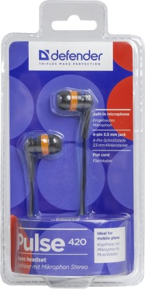 Auricolare per dispositivi mobili Defender Pulse 420 nero + arancione, in-ear