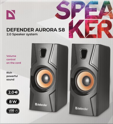 Sistema di altoparlanti 2.0 Defender Aurora S8 nero, 8W, alimentato da USB