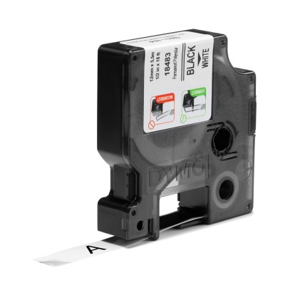 ORIGINALE DYMO Nastro Nero su bianco 18483 DYMO Rhino Etichette in poliestere permanenti industriali | 12 mm x 5,5 m | Stampa nera su bianco | Autoadesive | per stampanti di etichette Rhino e LabelManager