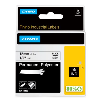 ORIGINALE DYMO Nastro Nero su bianco 18483 DYMO Rhino Etichette in poliestere permanenti industriali | 12 mm x 5,5 m | Stampa nera su bianco | Autoadesive | per stampanti di etichette Rhino e LabelManager