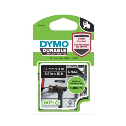 ORIGINALE DYMO Nastro Bianco su nero 1978365 D1 - Durable Etichette - Bianco su nero - 12mm x 3m