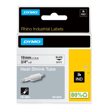ORIGINALE DYMO Nastro Nero su bianco S0718330 18057 DYMO Rhino Industrial Tubi per etichette termorestringenti per cavi | 19 mm x 1,5 m | Stampa nera su bianco | Autoadesivi | per stampanti di etichette Rhino