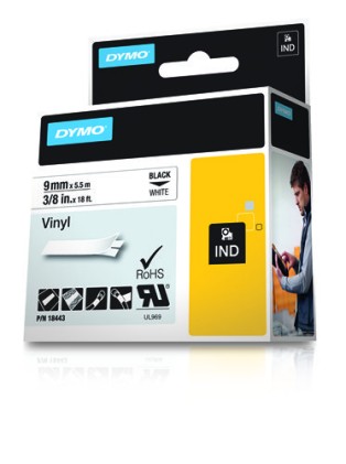 ORIGINALE DYMO Nastro Nero su bianco S0718580 18443 Nastro in vinile, Rhino, IND, 9mm x 5,5m, bianco su nero