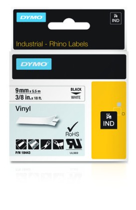 ORIGINALE DYMO Nastro Nero su bianco S0718580 18443 Nastro in vinile, Rhino, IND, 9mm x 5,5m, bianco su nero