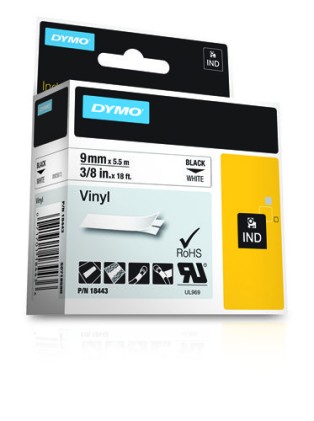 ORIGINALE DYMO Nastro Nero su bianco S0718580 18443 Nastro in vinile, Rhino, IND, 9mm x 5,5m, bianco su nero