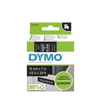 ORIGINALE DYMO Nastro Bianco su nero S0720610 45021 12mm x 7m, Standard-D1-ruolo