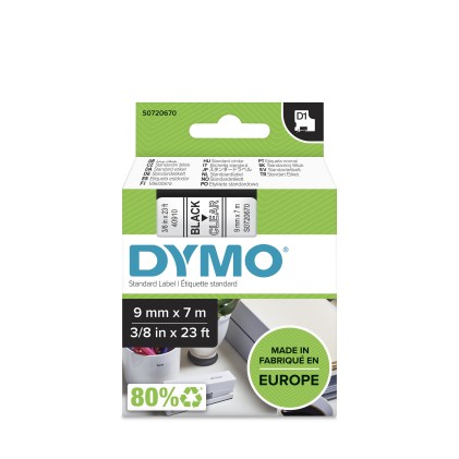 ORIGINALE DYMO Nastro Nero su trasparente S0720670 40910 9mm x 7m, nastro standard D1